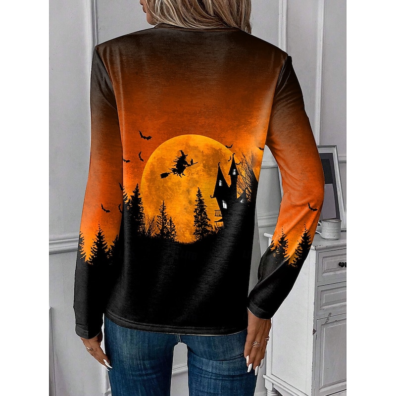 Women's Halloween-Themed Long Sleeve T-Shirt in Vibrant Orange for Casual and Daily Wear – Perfect for Spring and Fall