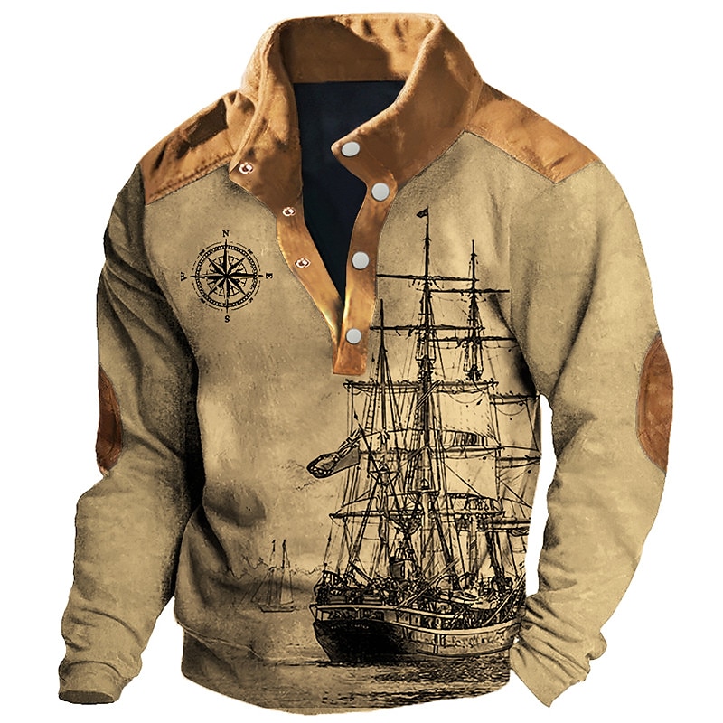 Nautical Sailboat and Compass Men's Graphic Hoodie – Vintage Retro 3D Print Sweatshirt for Casual Outdoor Activities