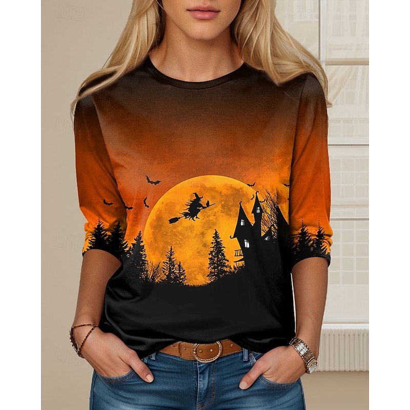 Women's Halloween-Themed Long Sleeve T-Shirt in Vibrant Orange for Casual and Daily Wear – Perfect for Spring and Fall