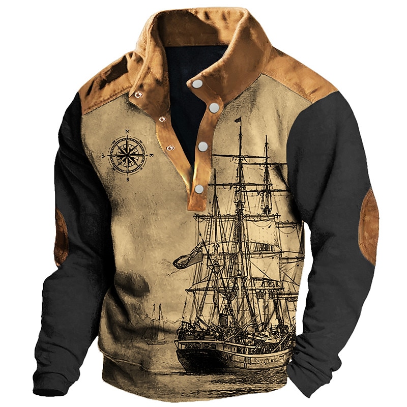 Nautical Sailboat and Compass Men's Graphic Hoodie – Vintage Retro 3D Print Sweatshirt for Casual Outdoor Activities