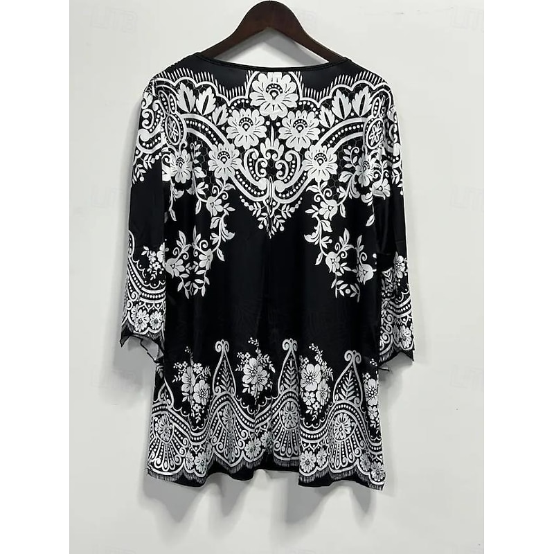 Elegant 3/4 Sleeve Black Tunic with Ruffle Button Detail – Vintage Notched Neck for Daily Outings – Women's Spring/Fall Top