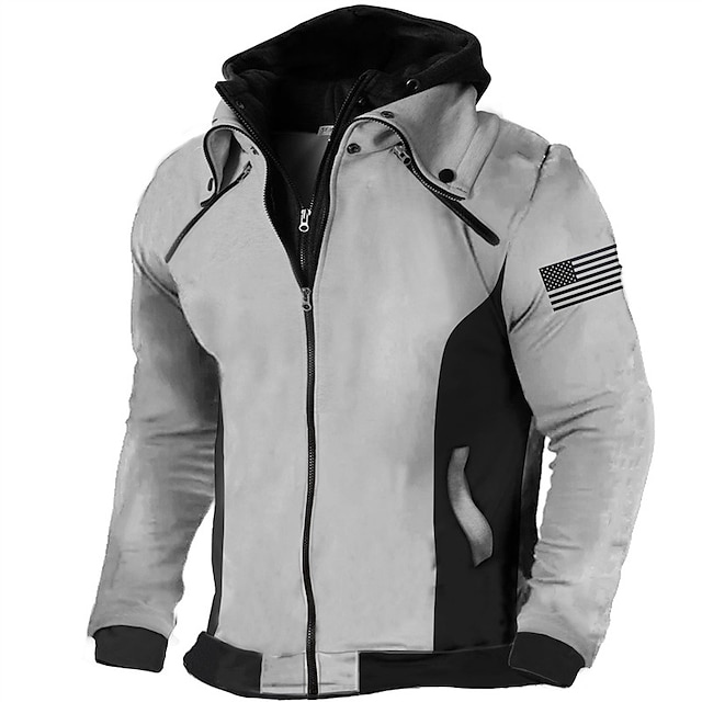 Flag Graphic Zip Hoodie - Tactical Military Style with Casual Comfort for Streetwear and Vacation