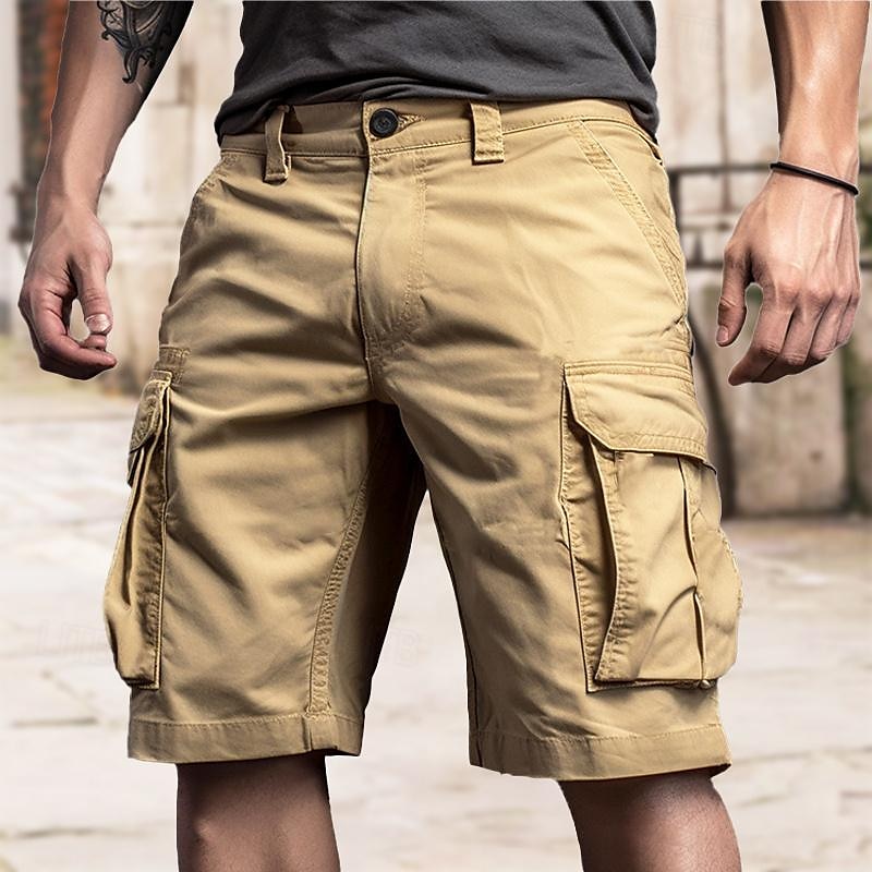 Men's Classic Tactical Cargo Shorts with Multi Pockets, Built-in Drawstring, and Button Closure - Ideal for Outdoor Activities and Everyday Wear